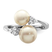 Sterling Silver Rhodium-plated 8-9mm White Button Freshwater Cultured Pearl and CZ Ring view 5