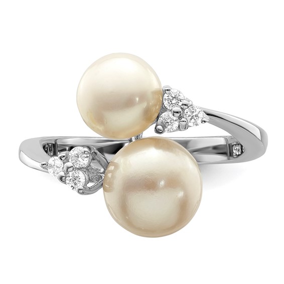 Sterling Silver Rhodium-plated 8-9mm White Button Freshwater Cultured Pearl and CZ Ring