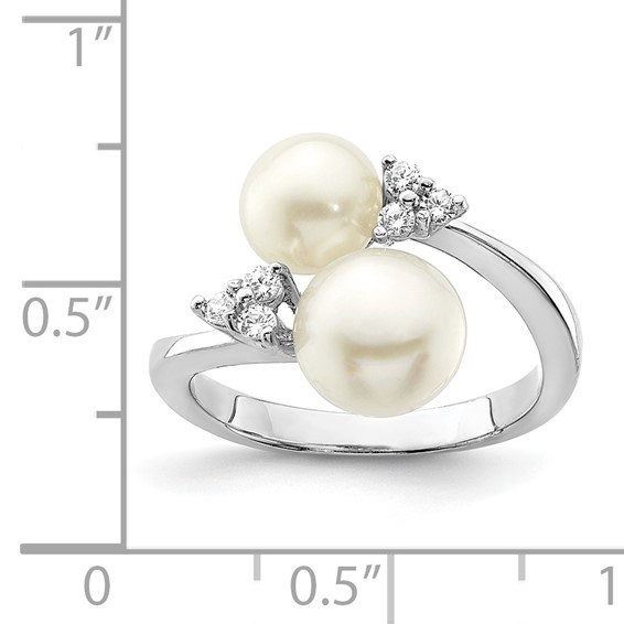 Sterling Silver Rhodium-plated 8-9mm White Button Freshwater Cultured Pearl and CZ Ring