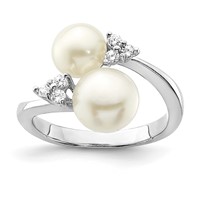 Sterling Silver Rhodium-plated 8-9mm White Button Freshwater Cultured Pearl and CZ Ring view 1