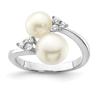 Sterling Silver Rhodium-plated 8-9mm White Button Freshwater Cultured Pearl and CZ Ring