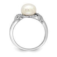 Sterling Silver Rhodium-plated 8-9mm White Button Freshwater Cultured Pearl and CZ Ring view 2