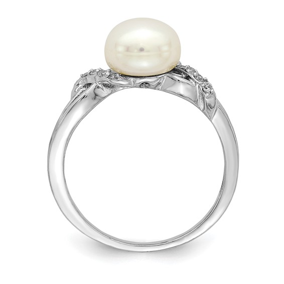 Sterling Silver Rhodium-plated 8-9mm White Button Freshwater Cultured Pearl and CZ Ring