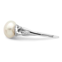 Sterling Silver Rhodium-plated 8-9mm White Button Freshwater Cultured Pearl and CZ Ring view 3