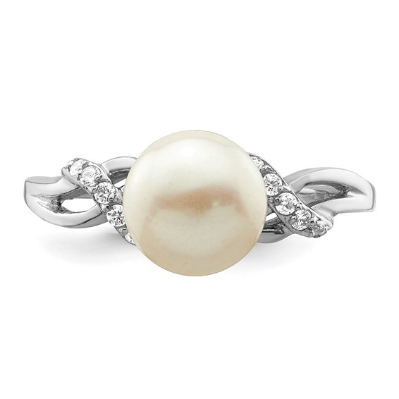 Sterling Silver Rhodium-plated 8-9mm White Button Freshwater Cultured Pearl and CZ Ring