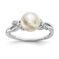 Sterling Silver Rhodium-plated 8-9mm White Button Freshwater Cultured Pearl and CZ Ring view 1