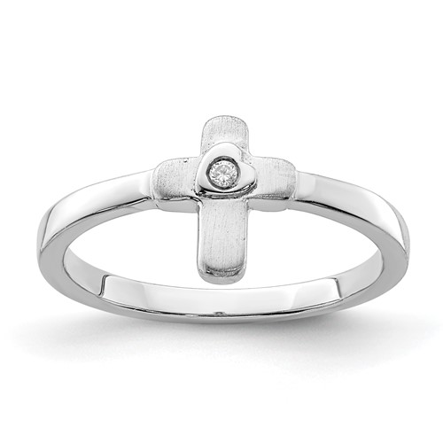 Sterling Silver Rhodium-plated Polished and Satin CZ Cross Ring, Size 3