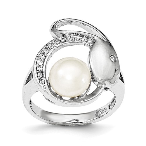 Sterling Silver Ring with CZ 8-9mm FW Cultured Button Pearl