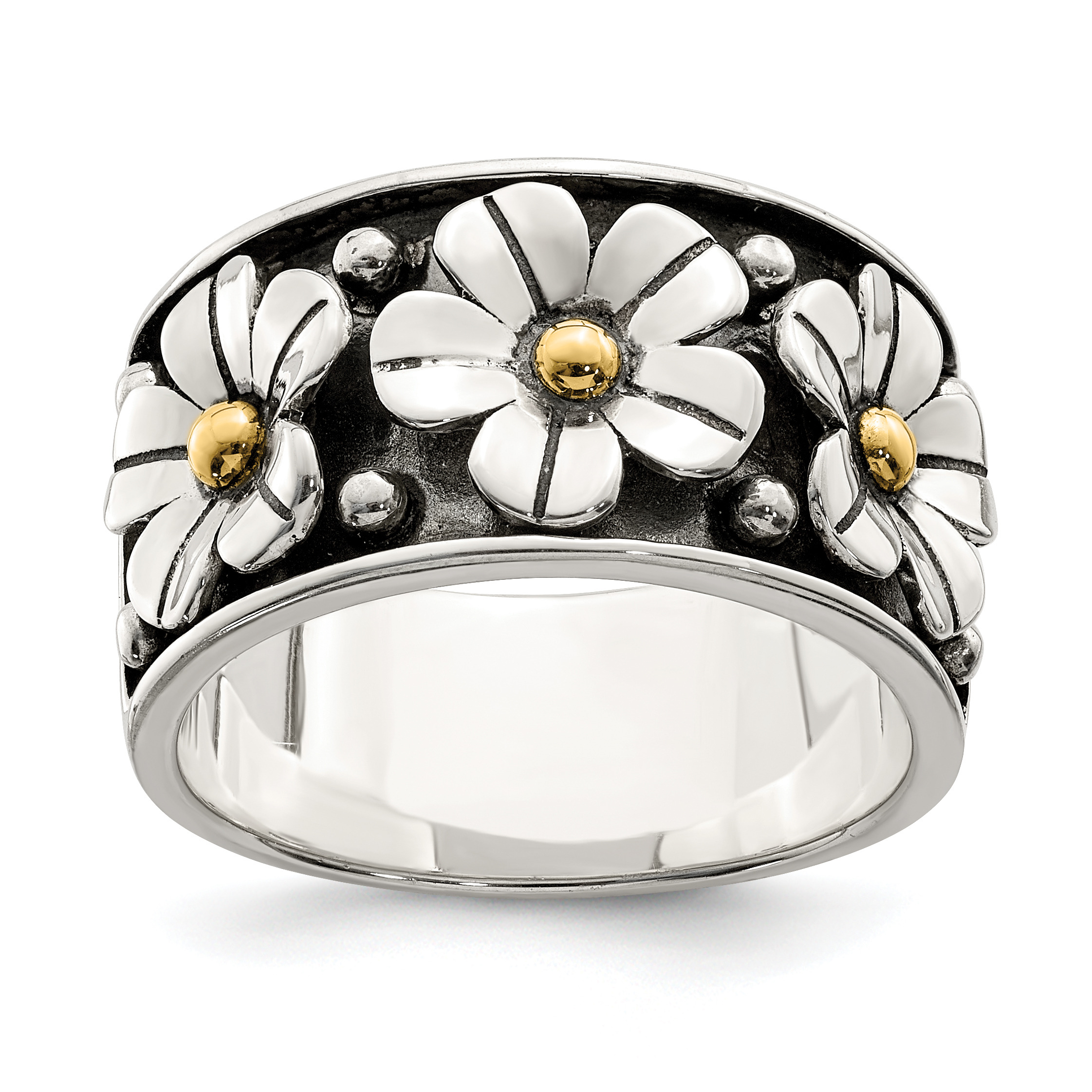 Sterling Silver Antiqued w/ 14k Gold Centers Daisy Ring (QR6515-7)