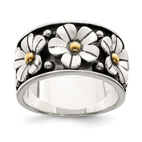 Sterling Silver Antiqued Ring with 14K Gold Centers Daisy