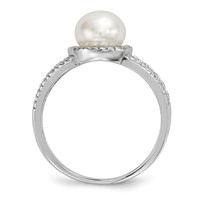 Sterling Silver Rhodium-plated 7-8mm White Button Freshwater Cultured Pearl and CZ Ring view 2