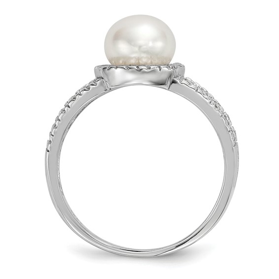 Sterling Silver Rhodium-plated 7-8mm White Button Freshwater Cultured Pearl and CZ Ring