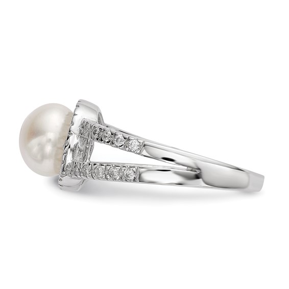 Sterling Silver Rhodium-plated 7-8mm White Button Freshwater Cultured Pearl and CZ Ring
