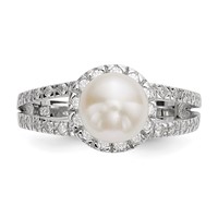 Sterling Silver Rhodium-plated 7-8mm White Button Freshwater Cultured Pearl and CZ Ring view 4