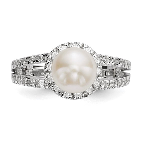 Sterling Silver Rhodium-plated 7-8mm White Button Freshwater Cultured Pearl and CZ Ring