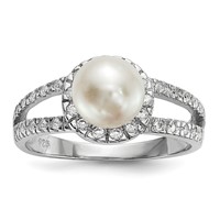 Sterling Silver Rhodium-plated 7-8mm White Button Freshwater Cultured Pearl and CZ Ring view 1