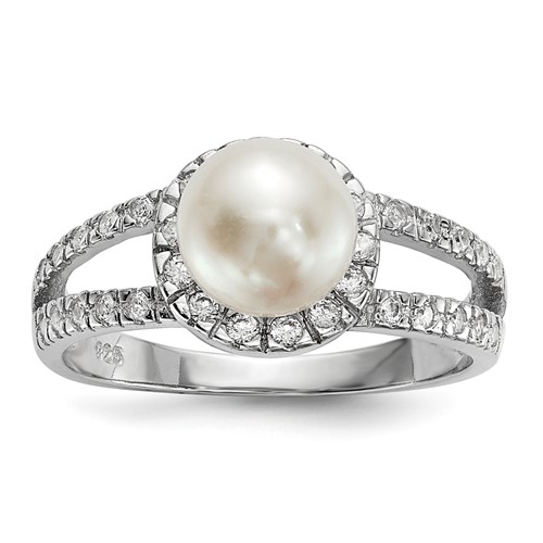 Sterling Silver Rhodium-plated 7-8mm White Button Freshwater Cultured Pearl and CZ Ring