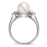 Sterling Silver Rhodium-plated 8-9mm White Button Freshwater Cultured Pearl and CZ Ring view 2