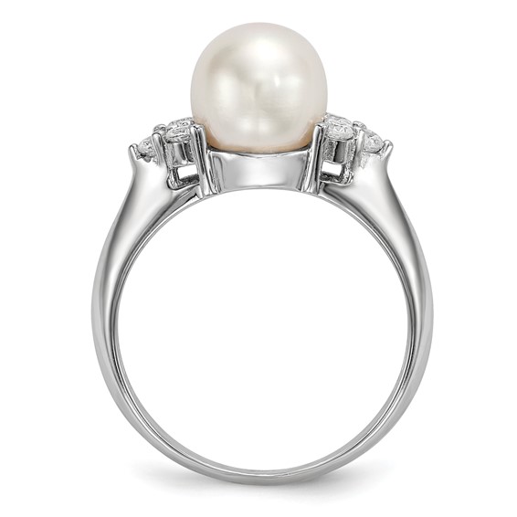 Sterling Silver Rhodium-plated 8-9mm White Button Freshwater Cultured Pearl and CZ Ring