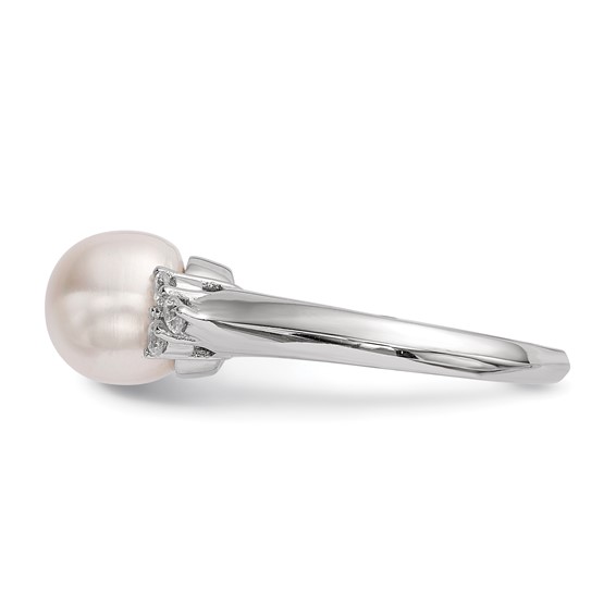 Sterling Silver Rhodium-plated 8-9mm White Button Freshwater Cultured Pearl and CZ Ring