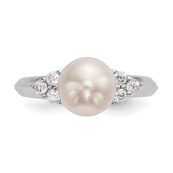 Sterling Silver Rhodium-plated 8-9mm White Button Freshwater Cultured Pearl and CZ Ring