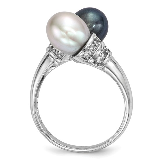 Sterling Silver Rhodium-plated 7-8mm Black and Grey Rice Freshwater Cultured Pearl and CZ Ring