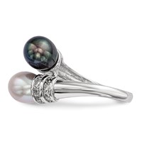 Sterling Silver Rhodium-plated 7-8mm Black and Grey Rice Freshwater Cultured Pearl and CZ Ring view 3