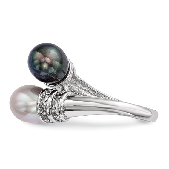 Sterling Silver Rhodium-plated 7-8mm Black and Grey Rice Freshwater Cultured Pearl and CZ Ring