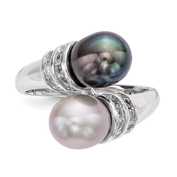 Sterling Silver Rhodium-plated 7-8mm Black and Grey Rice Freshwater Cultured Pearl and CZ Ring