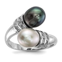 Sterling Silver Rhodium-plated 7-8mm Black and Grey Rice Freshwater Cultured Pearl and CZ Ring view 1