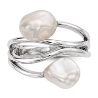 Sterling Silver Rhodium-plated 7-8mm White Baroque Freshwater Cultured Pearl Ring view 4