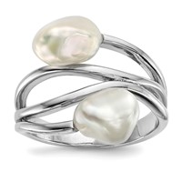 Sterling Silver Rhodium-plated 7-8mm White Baroque Freshwater Cultured Pearl Ring view 1