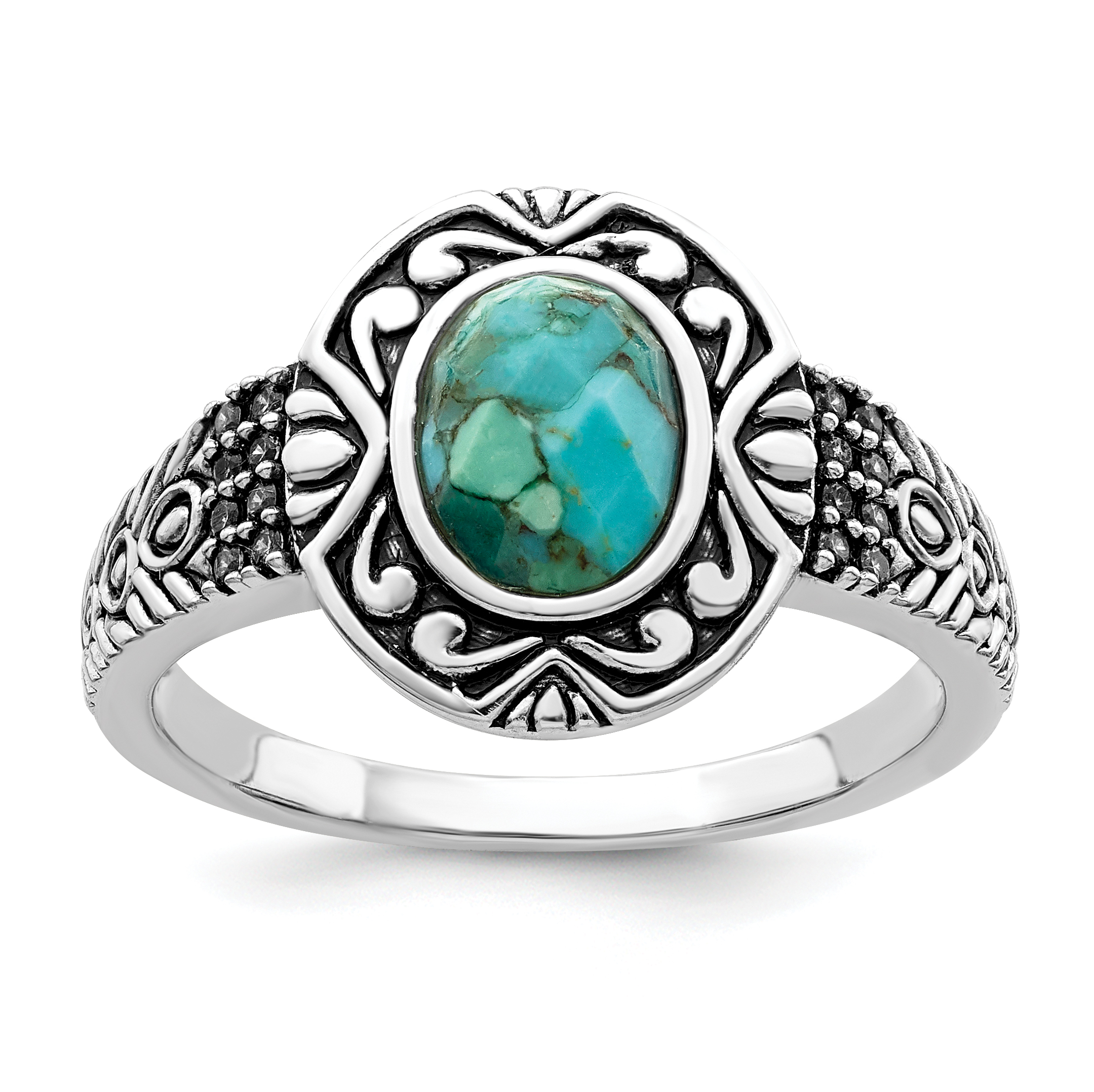 Sterling Silver Rhodium-plated Oxidized Faceted Recon. Turquoise Ring (QR6565-7)