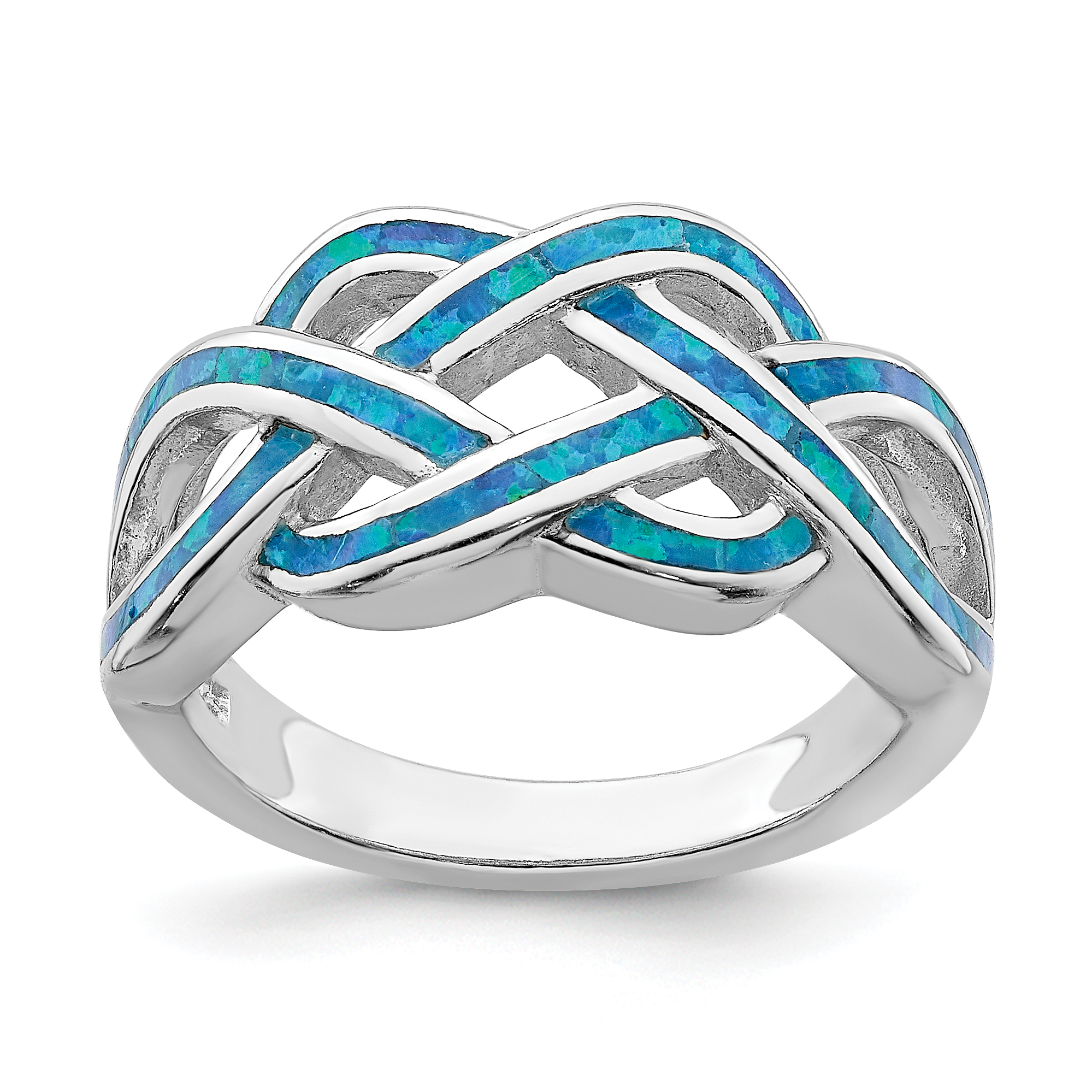 Sterling Silver Rhodium-plated Lab Created Blue Opal Inlay Celtic Knot Ring (QR6569-6)