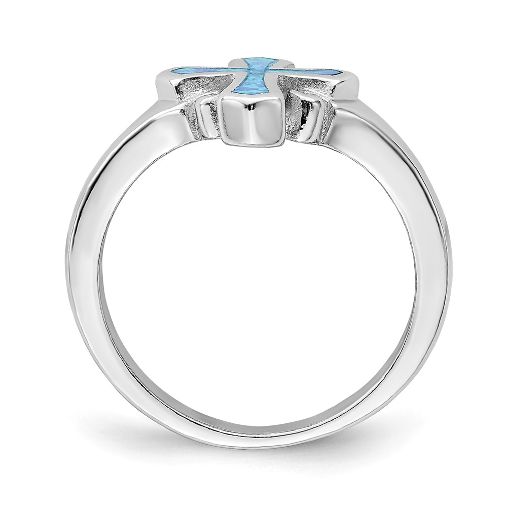 Sterling Silver Rhodium-plated Blue Inlay Created Opal Cross Ring (QR6572-8)