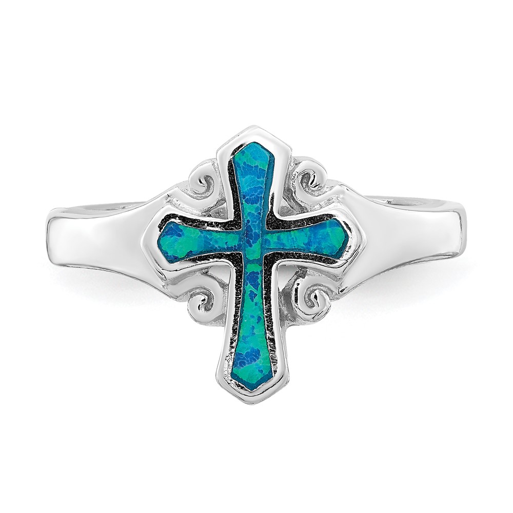 Sterling Silver Rhodium-plated Blue Inlay Created Opal Cross Ring (QR6572-8)