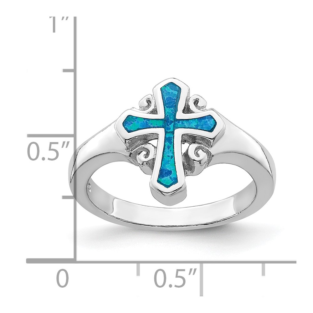 Sterling Silver Rhodium-plated Blue Inlay Created Opal Cross Ring (QR6572-8)