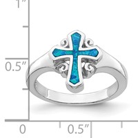 Sterling Silver Rhodium-plated Blue Inlay Created Opal Cross Ring view 5