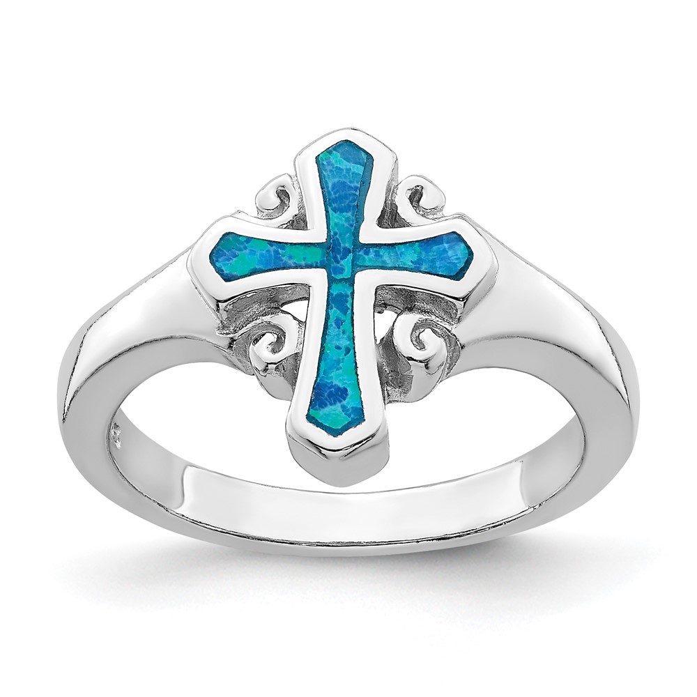 Sterling Silver Rhodium-plated Blue Inlay Created Opal Cross Ring (QR6572-7)