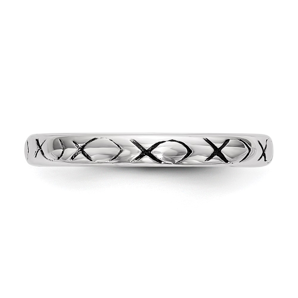 Sterling Silver Rhodium-plated Polished Antiqued Ichthus Ring (QR6586-7)