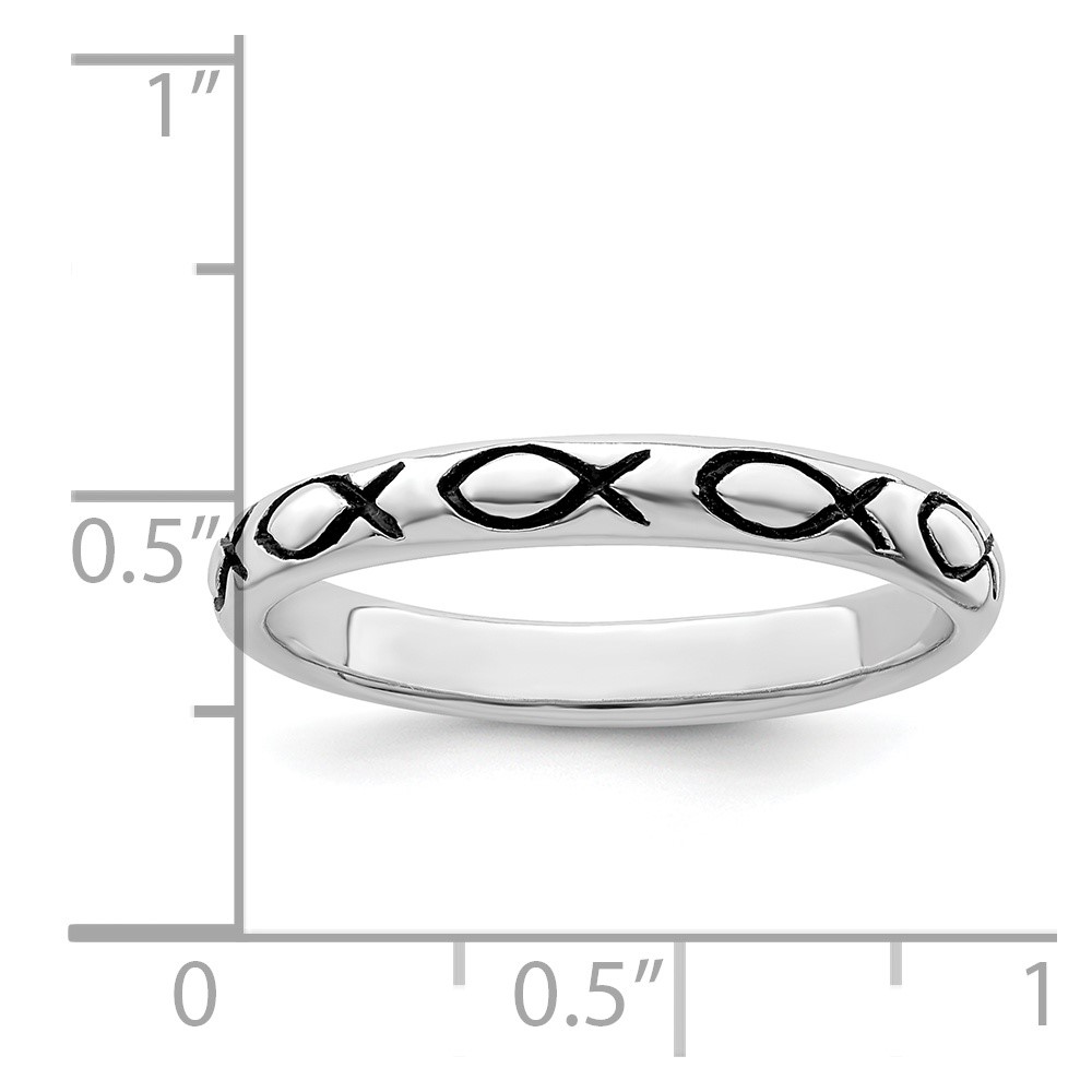 Sterling Silver Rhodium-plated Polished Antiqued Ichthus Ring (QR6586-7)