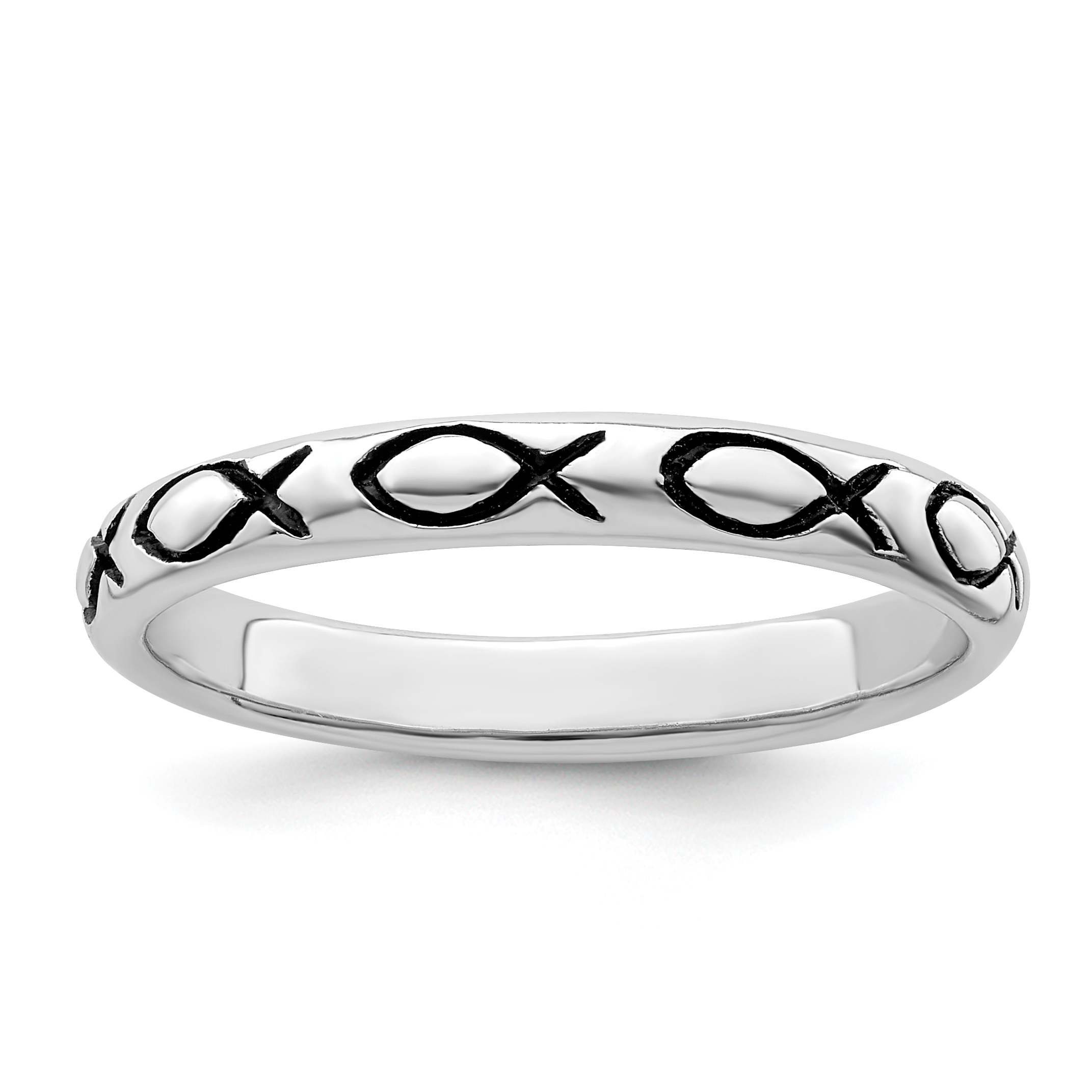 Sterling Silver Rhodium-plated Polished Antiqued Ichthus Ring (QR6586-7)