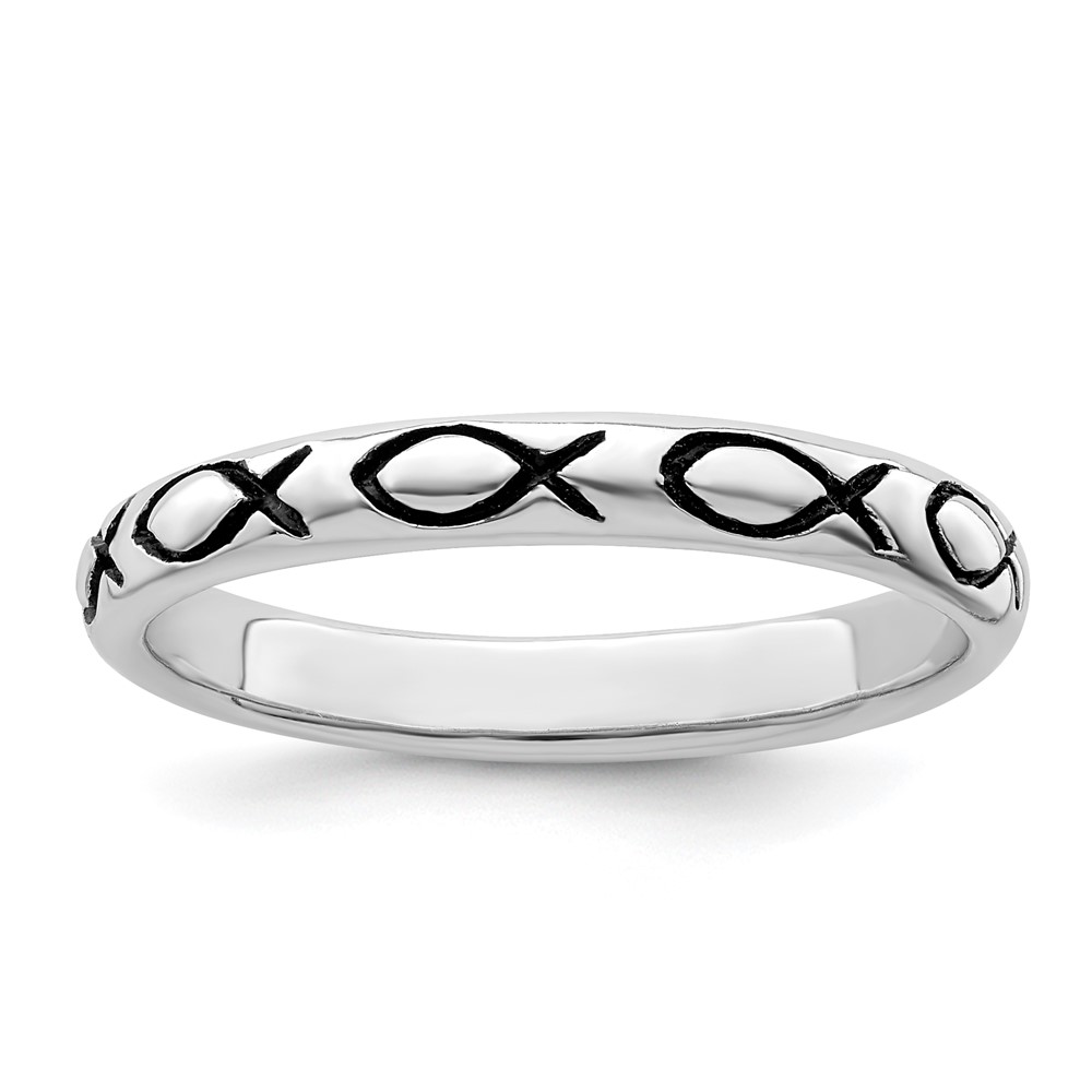 Sterling Silver Rhodium-plated Polished Antiqued Ichthus Ring (QR6586-7)