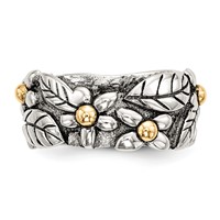 Sterling Silver Band with 14K Antiqued Leaves & Flowers view 4