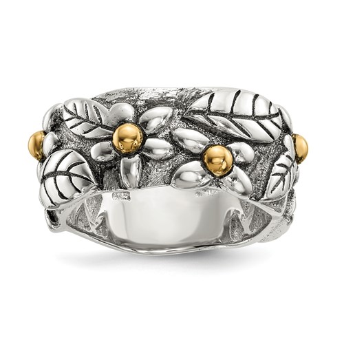 Sterling Silver Band with 14K Antiqued Leaves & Flowers