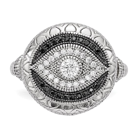 Sterling Silver Rhodium-plated Black and White CZ Evil Eye Ring