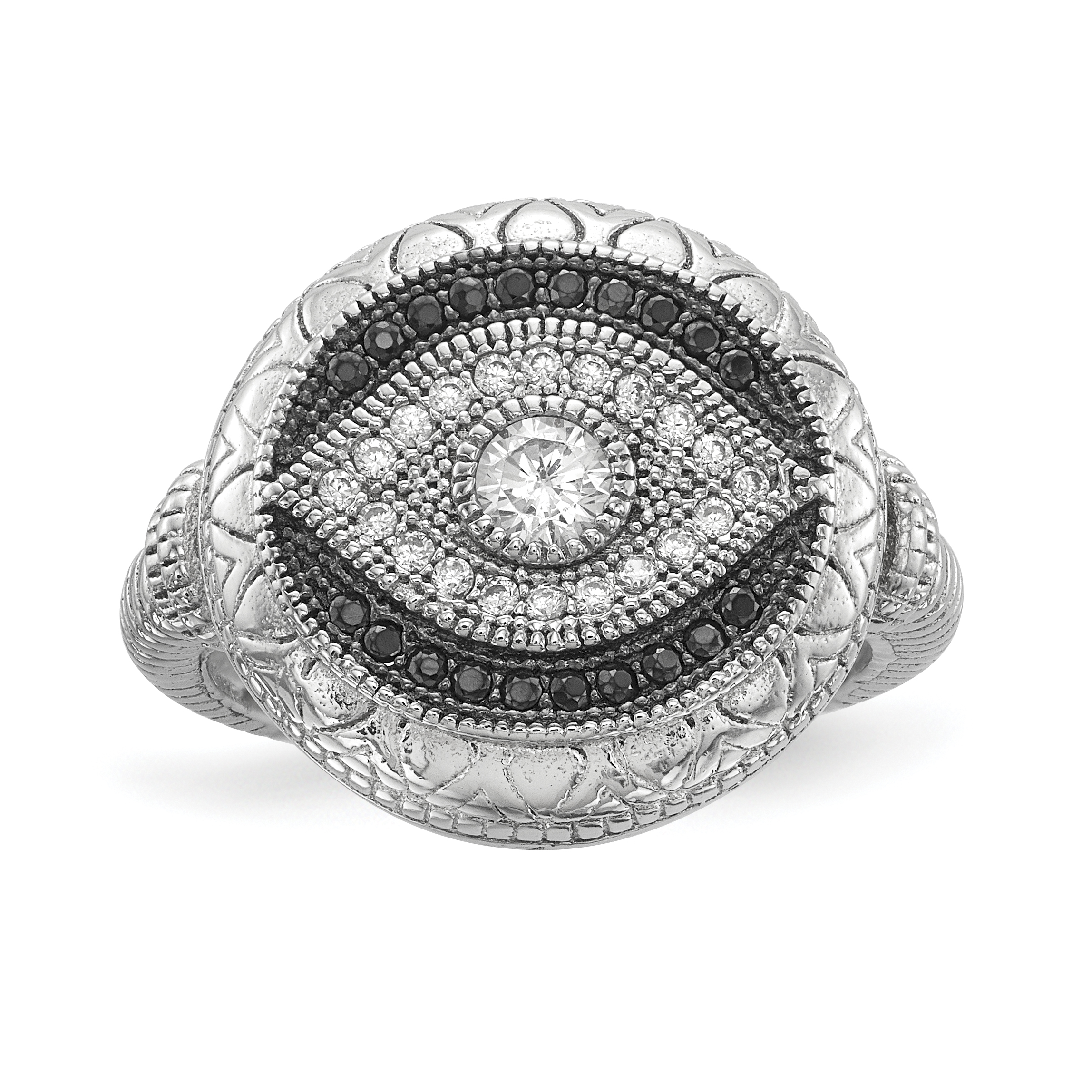 Sterling Silver Rhodium-plated Black and White CZ Evil Eye Ring (QR6621-6)