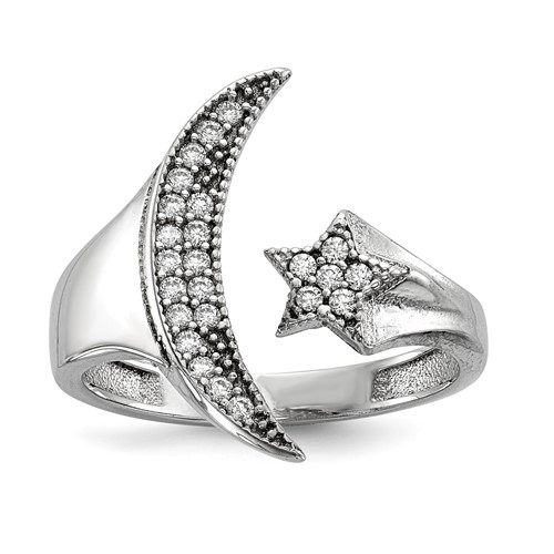 Sterling Silver Rhodium-plated CZ Moon Ring with Star Polished
