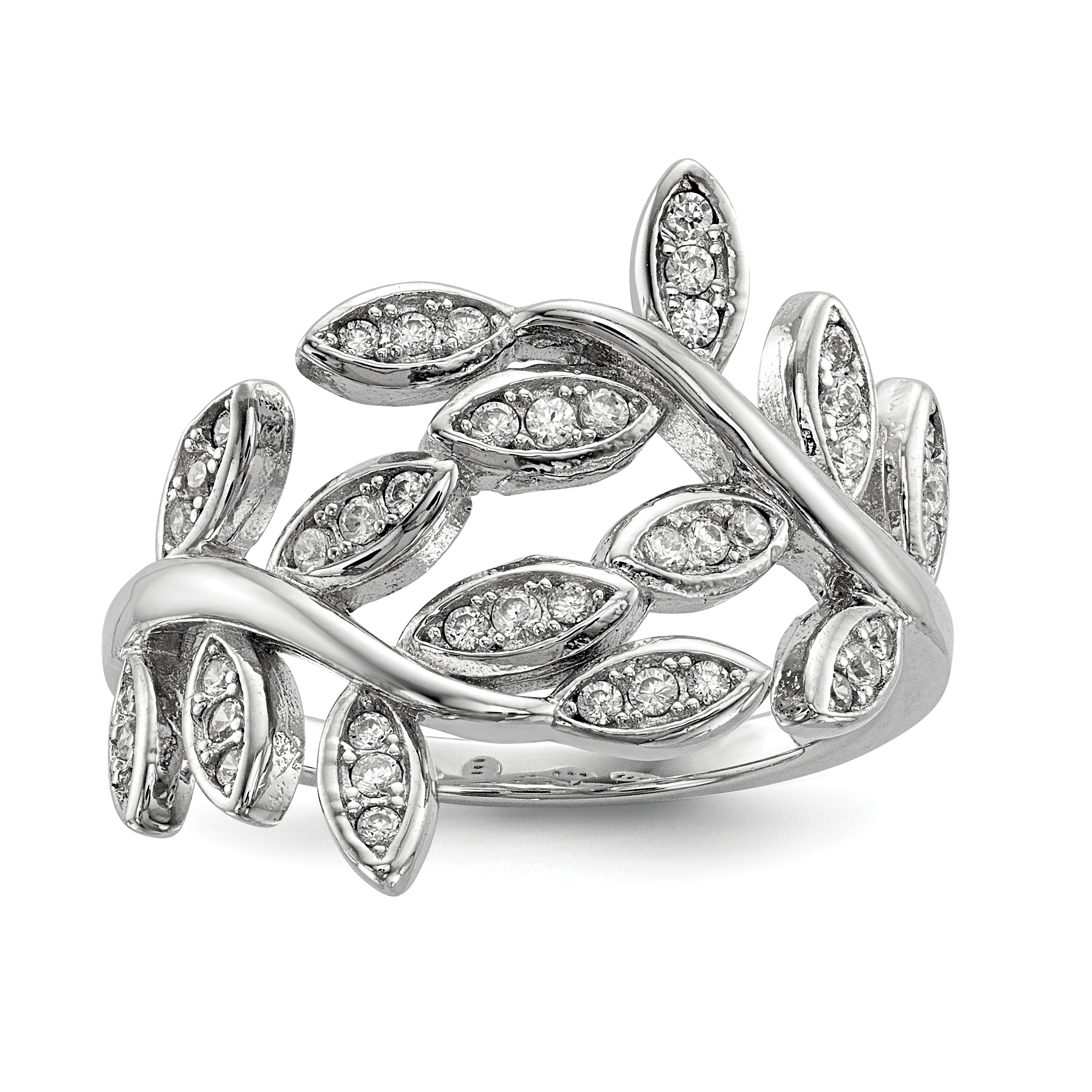 Sterling Silver Rhodium-plated Leaf CZ Ring (QR6654-7)