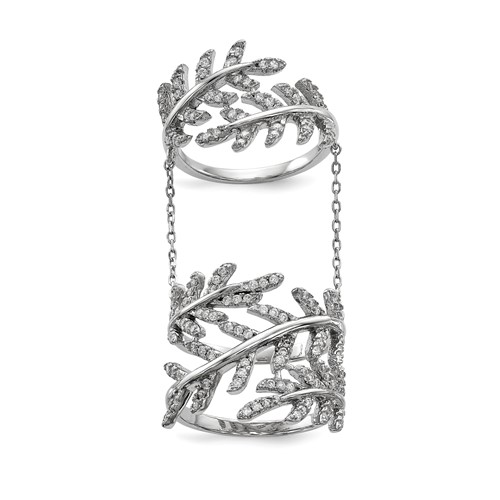 Sterling Silver Rhodium-plated CZ Leaf Ring with Extender